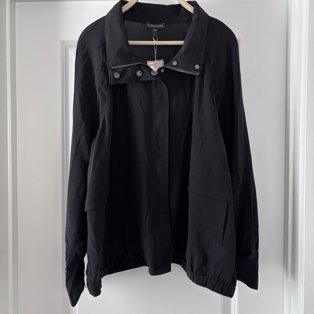 NWT Eileen Fisher Stand Collar 100% Silk Black Jacket Quiet Luxury Refined SZ L - Picture 3 of 11
